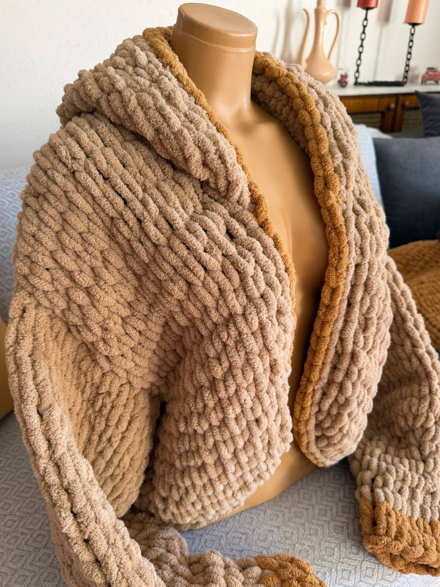 Chunky Knit Hooded Cardigan – Oversized Camel Hand-Knit Jacket with Mustard Stripe
