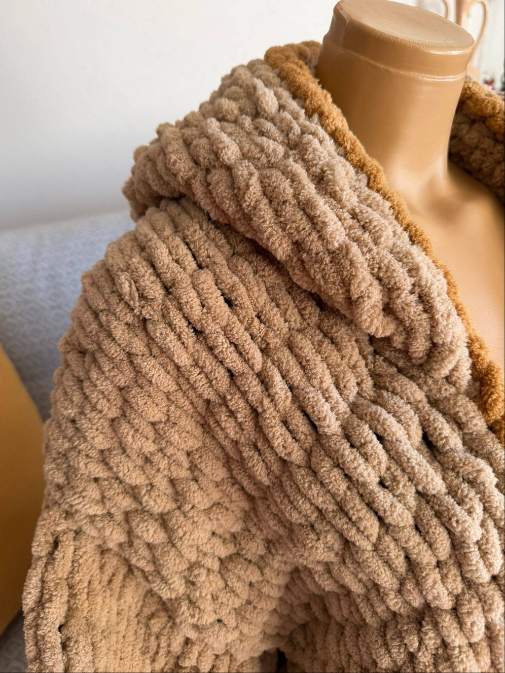 Chunky Knit Hooded Cardigan – Oversized Camel Hand-Knit Jacket with Mustard Stripe