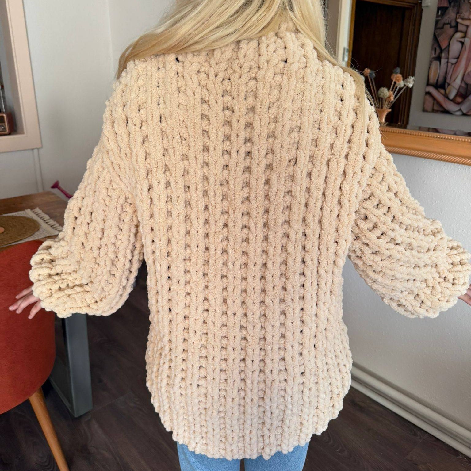 Chunky Oversized Sweater – Beige Chenille Turtleneck Balloon Sleeve Knitwear