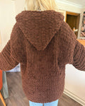Chunky Knit Brown Cardigan – Oversized Chenille Hooded Sweater, Soft Velvet Touch