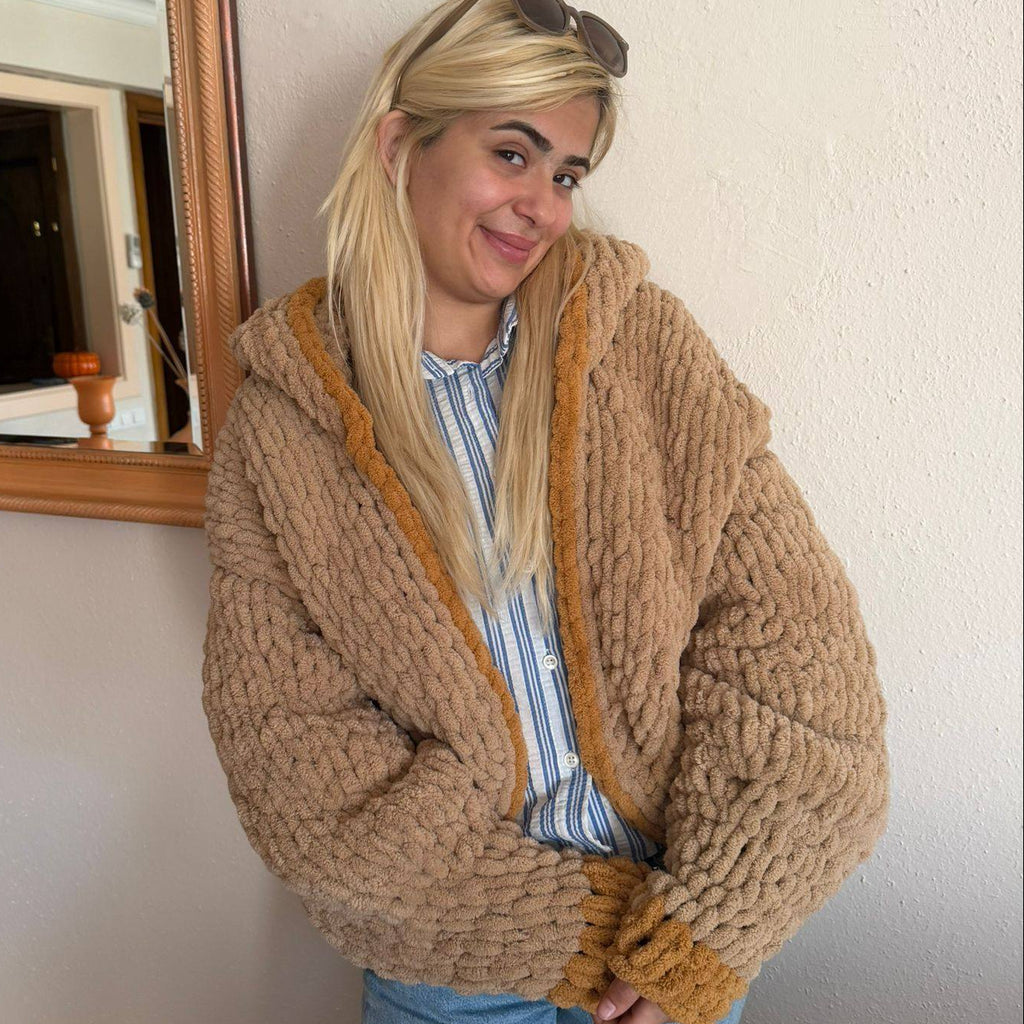 Chunky Knit Hooded Cardigan – Oversized Camel Hand-Knit Jacket with Mustard Stripe