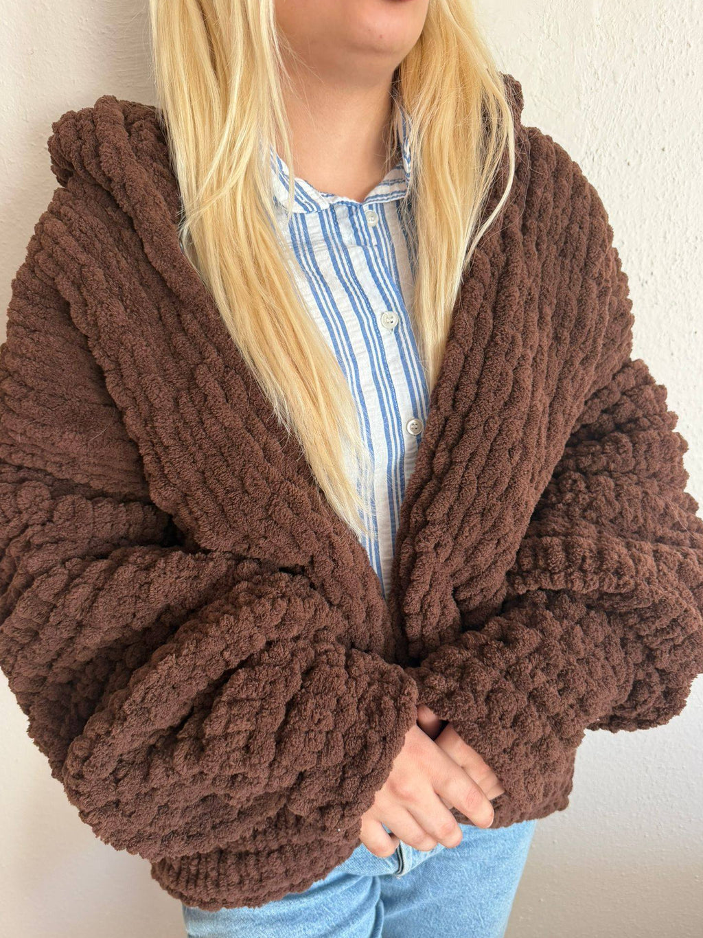 Chunky Knit Brown Cardigan – Oversized Chenille Hooded Sweater, Soft Velvet Touch