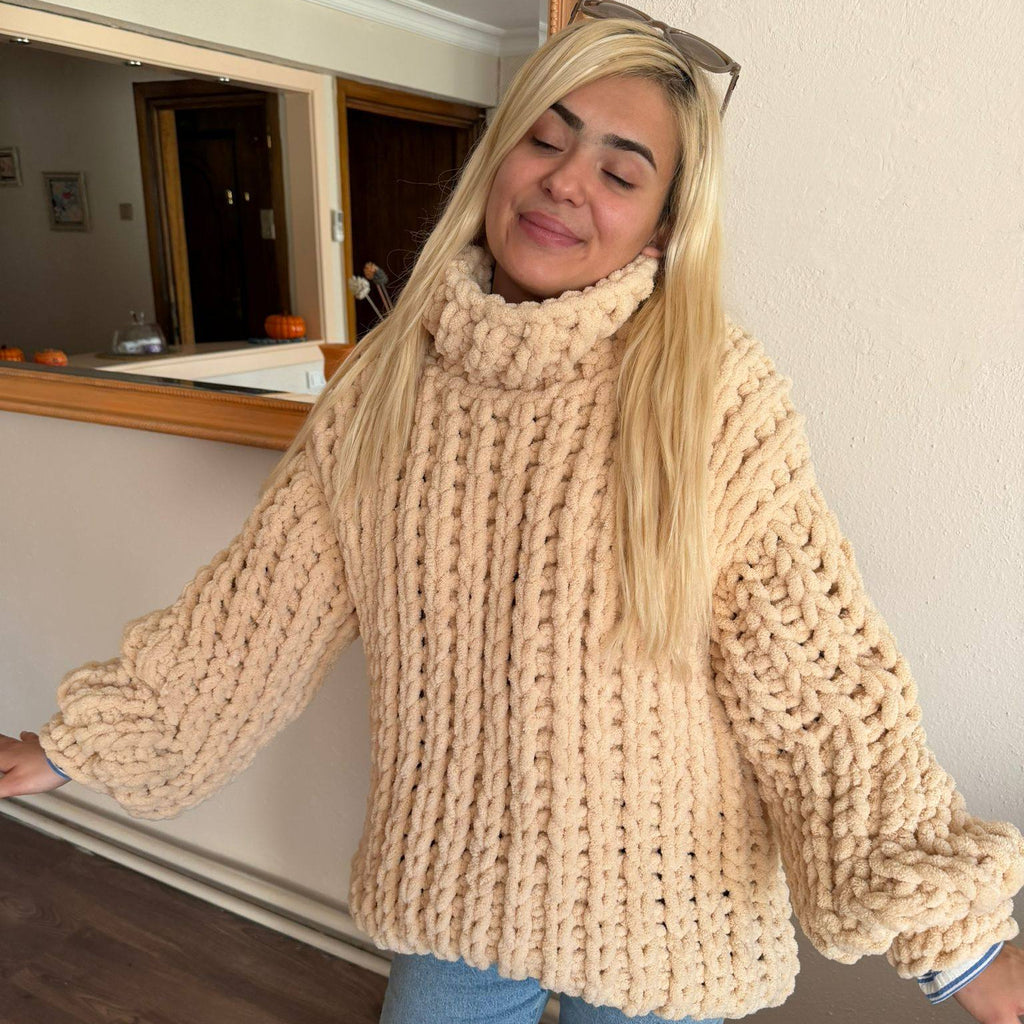Chunky Oversized Sweater – Beige Chenille Turtleneck Balloon Sleeve Knitwear