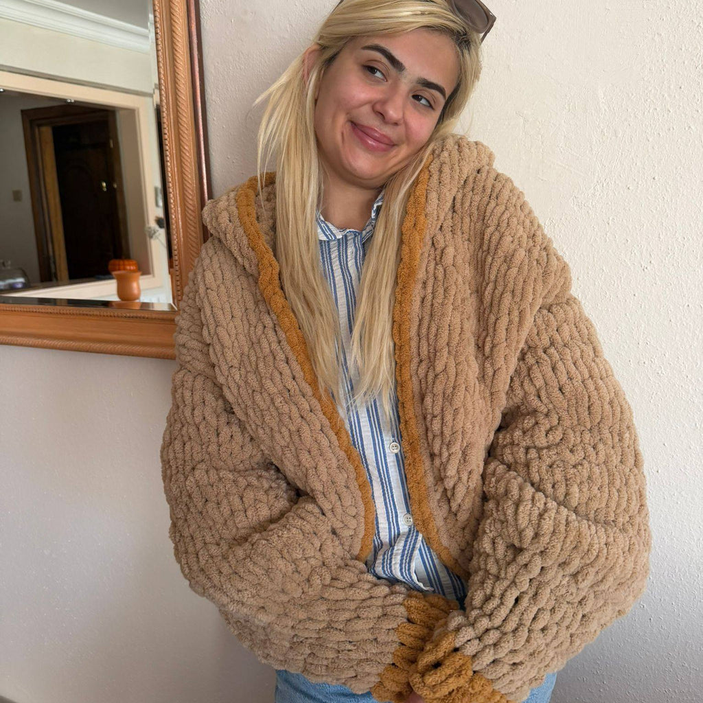 Chunky Knit Hooded Cardigan – Oversized Camel Hand-Knit Jacket with Mustard Stripe