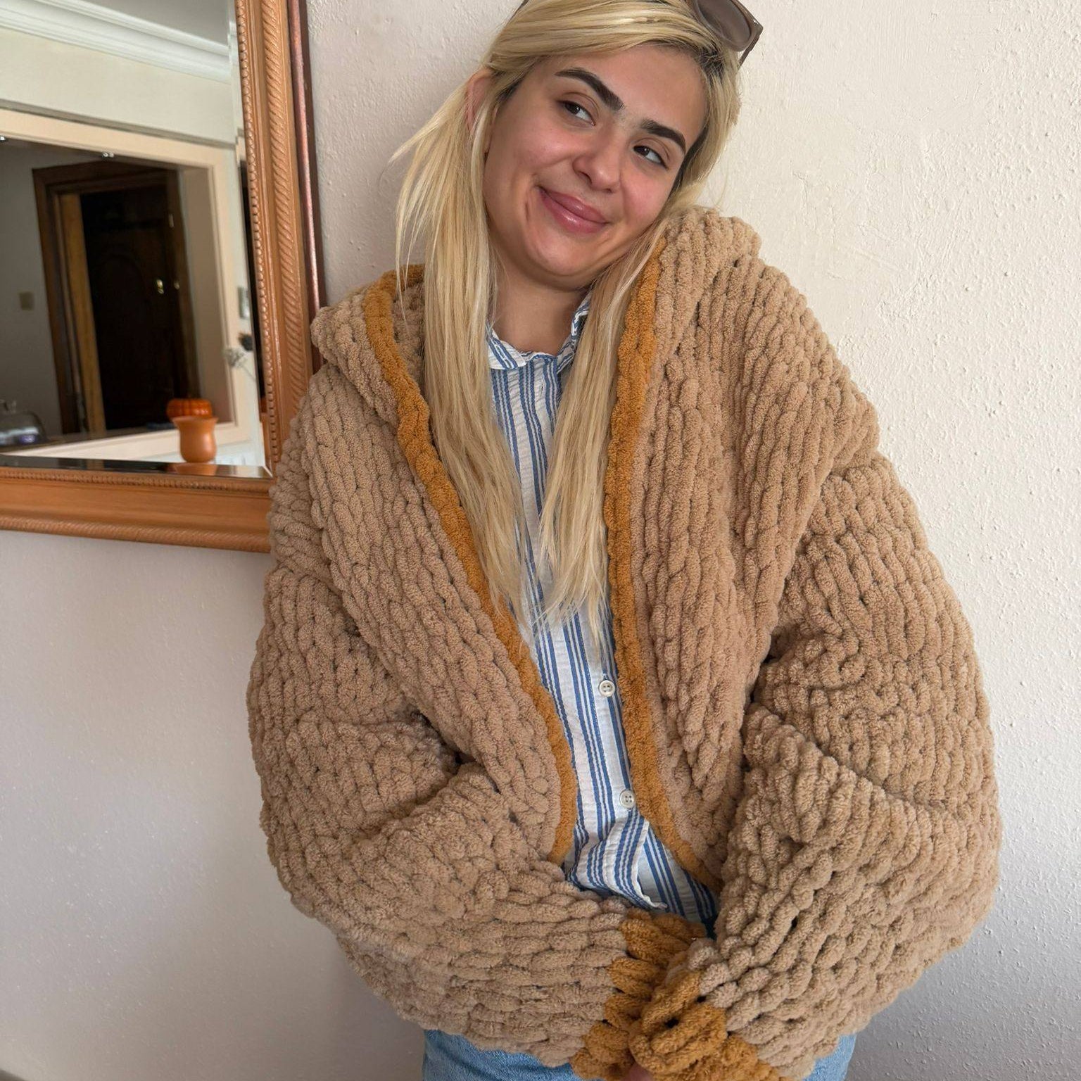 Chunky Knit Hooded Cardigan – Oversized Camel Hand-Knit Jacket with Mustard Stripe