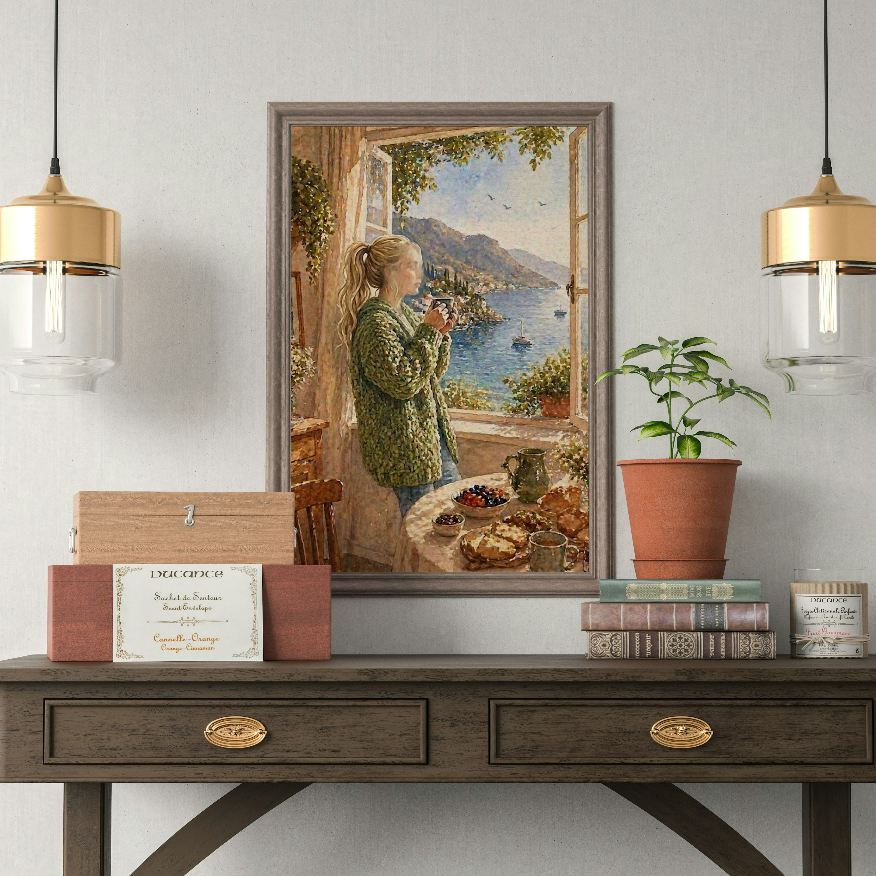 Woman at Open Window Fine Art Poster | Seaside Breakfast Landscape Print