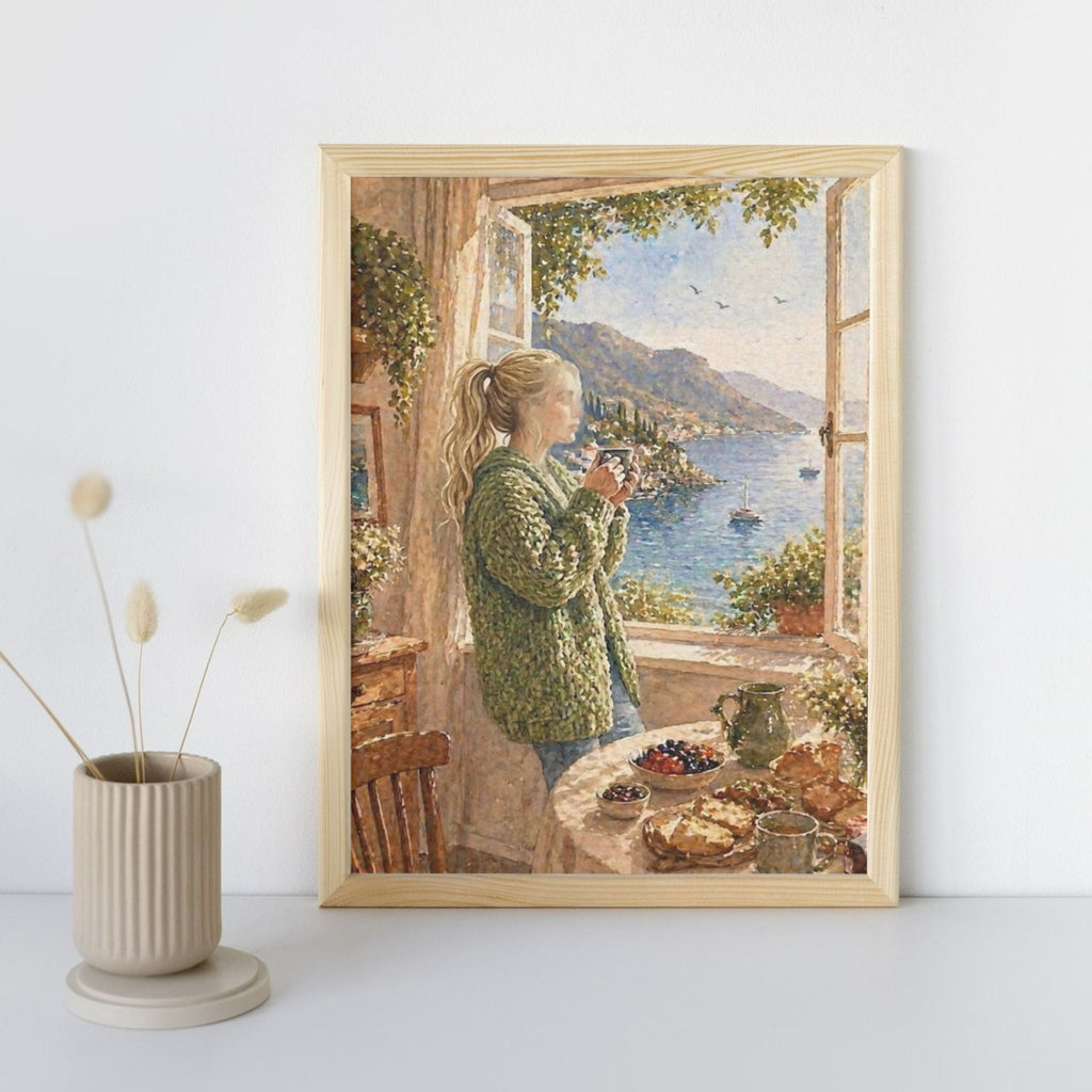 Woman at Open Window Fine Art Poster | Seaside Breakfast Landscape Print