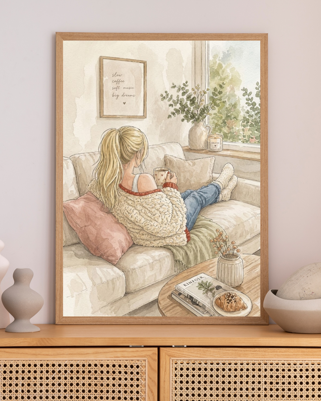 Cozy Girl on Couch Poster | Matte Watercolor Printable Wall Art