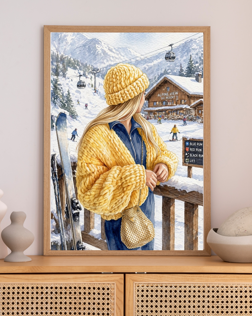 Woman in Yellow Knit Hat Fine Art Poster | Ski Resort Winter Scene