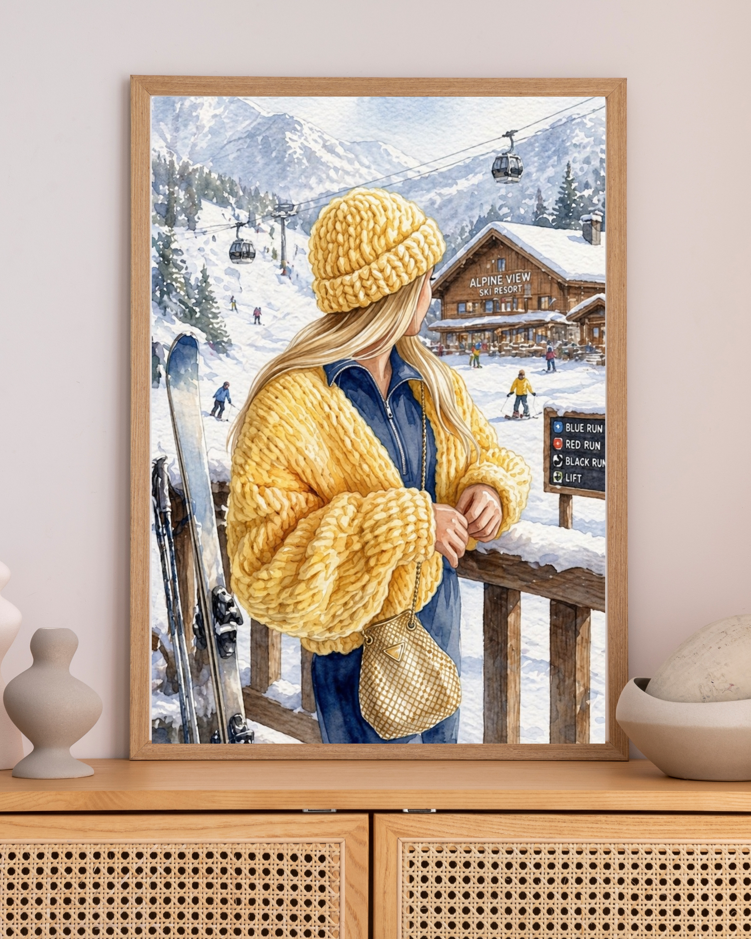 Woman in Yellow Knit Hat Fine Art Poster | Ski Resort Winter Scene