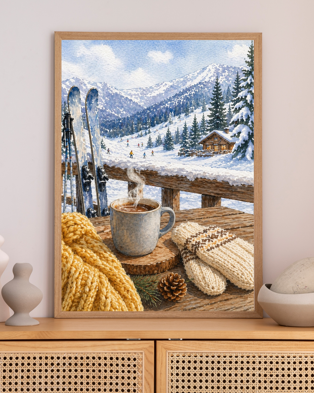Cozy Winter Cabin Scene Fine Art Poster | Ski Lodge, Hot Cocoa, Snowy Mountains