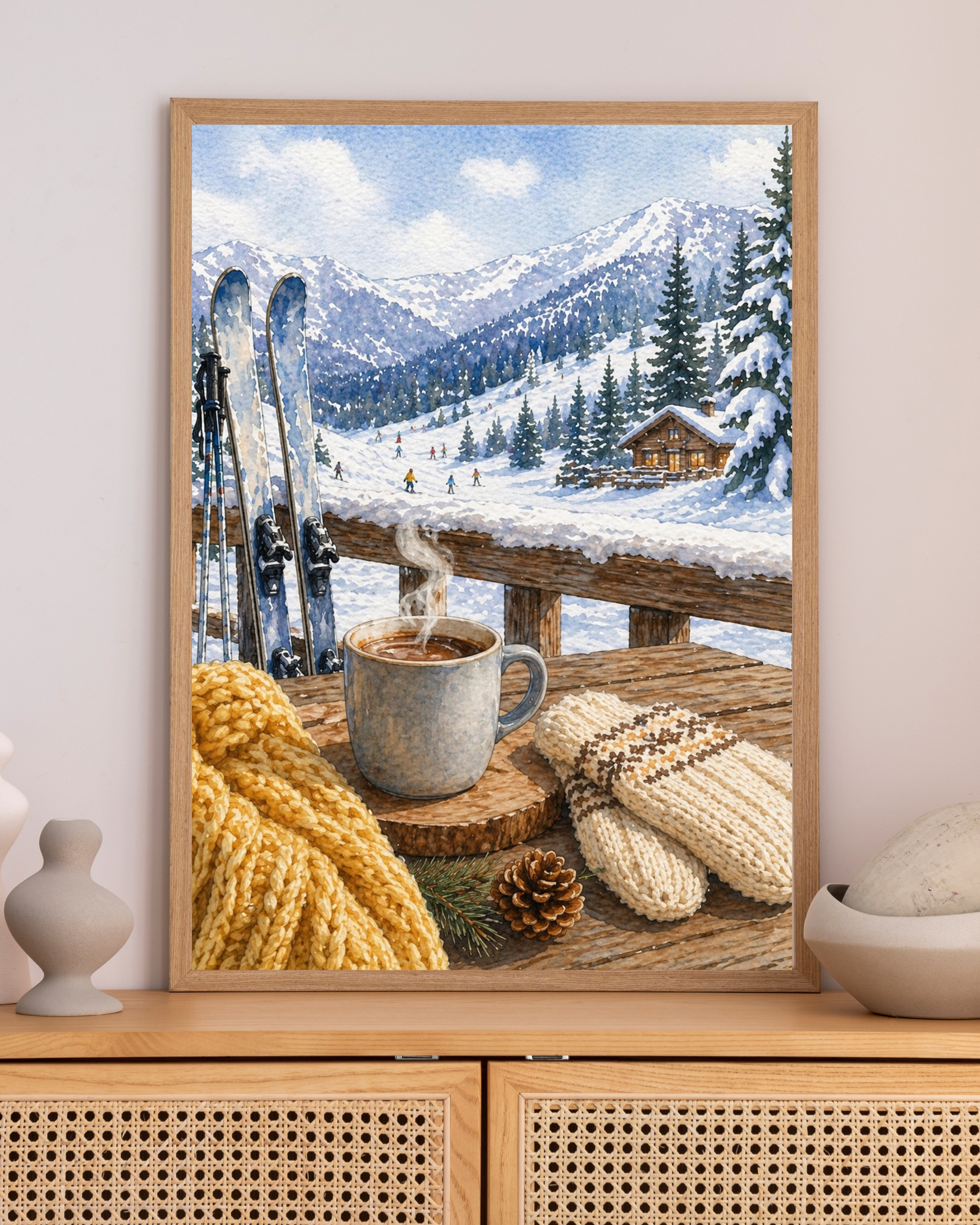 Cozy Winter Cabin Scene Fine Art Poster | Ski Lodge, Hot Cocoa, Snowy Mountains
