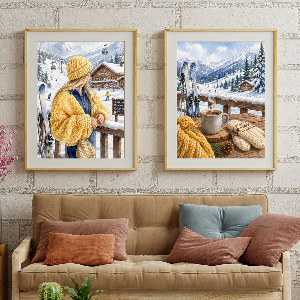 Woman in Yellow Knit Hat Fine Art Poster | Ski Resort Winter Scene