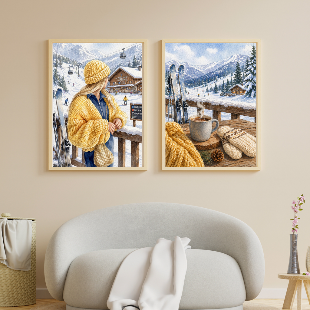 Woman in Yellow Knit Hat Fine Art Poster | Ski Resort Winter Scene