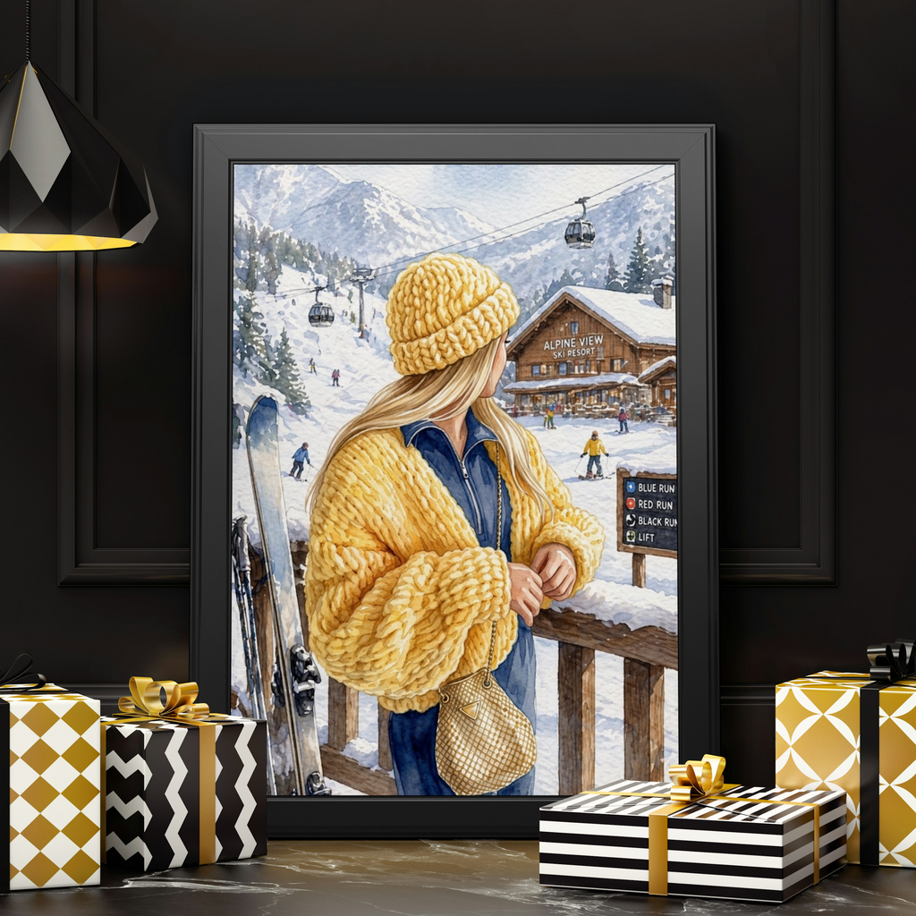 Woman in Yellow Knit Hat Fine Art Poster | Ski Resort Winter Scene