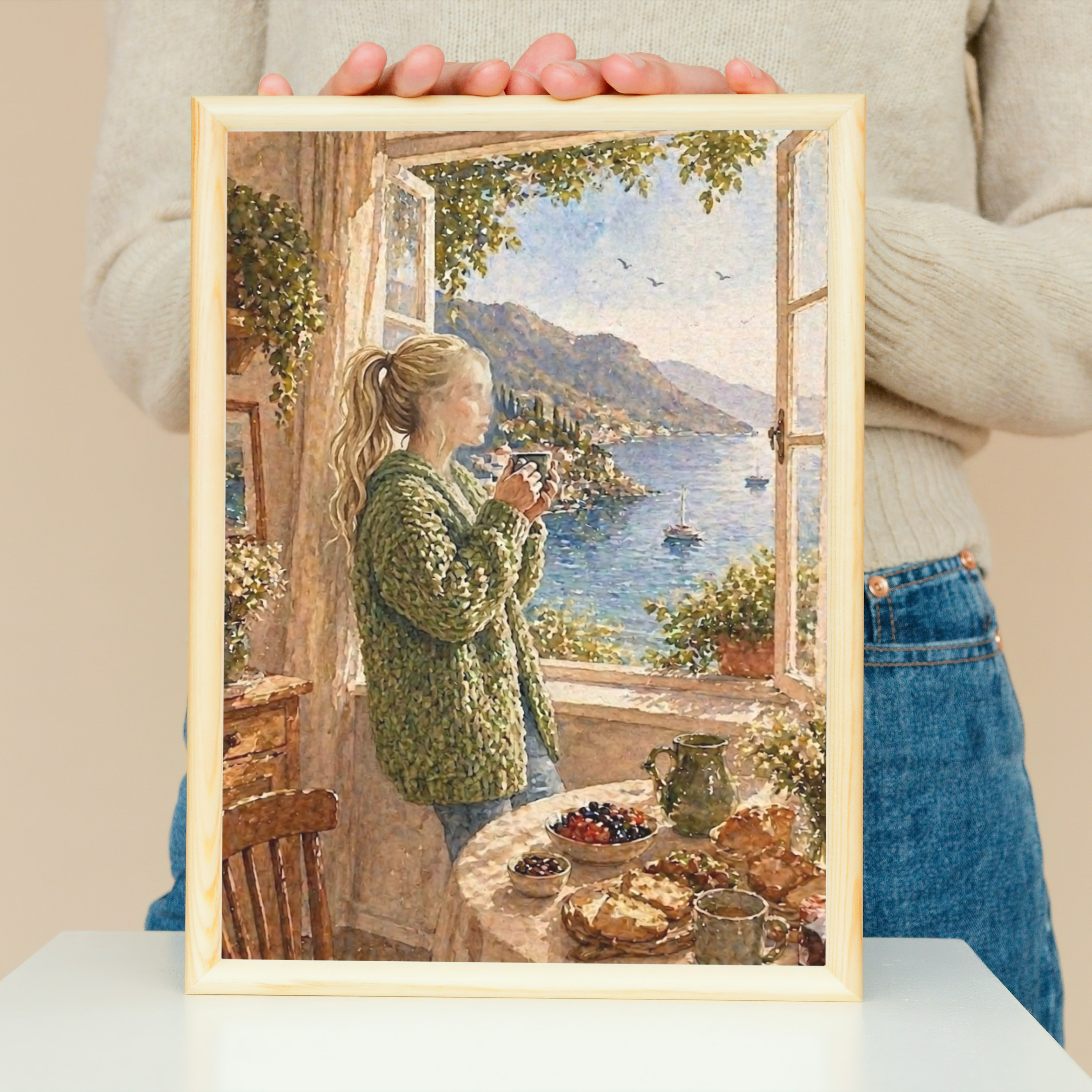 Woman at Open Window Fine Art Poster | Seaside Breakfast Landscape Print