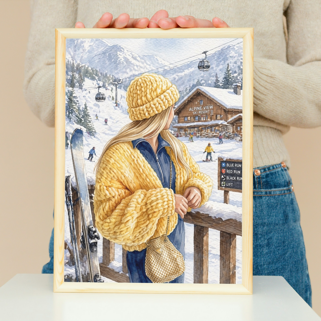 Woman in Yellow Knit Hat Fine Art Poster | Ski Resort Winter Scene