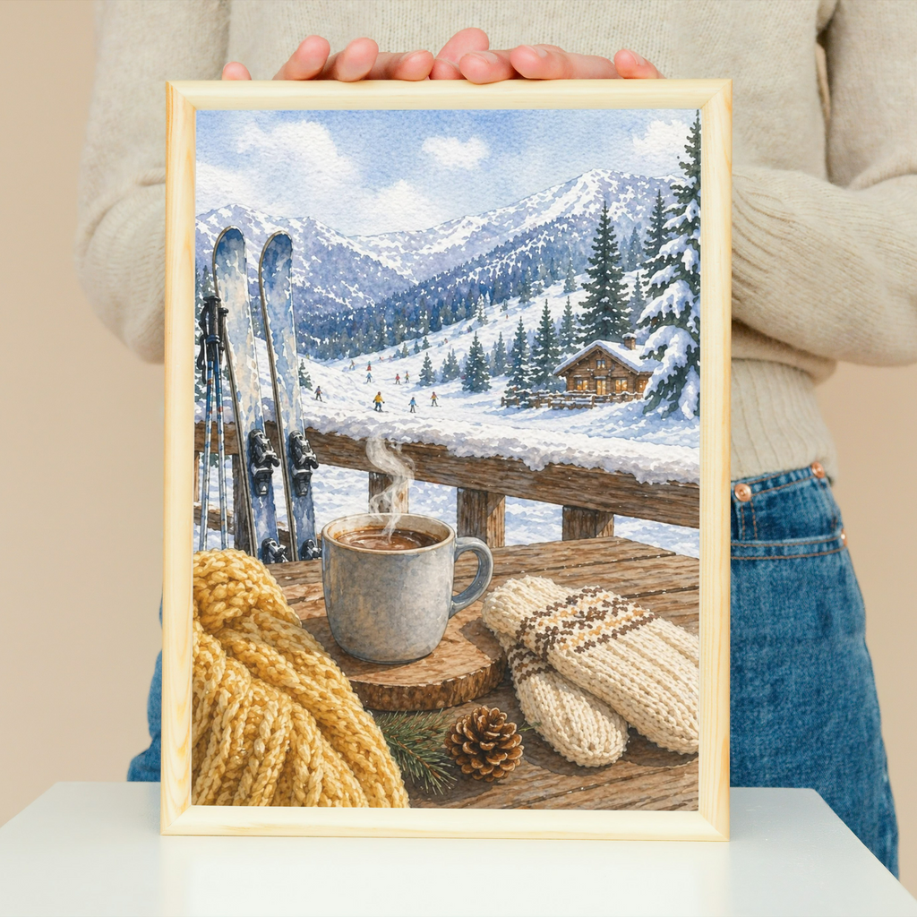 Cozy Winter Cabin Scene Fine Art Poster | Ski Lodge, Hot Cocoa, Snowy Mountains