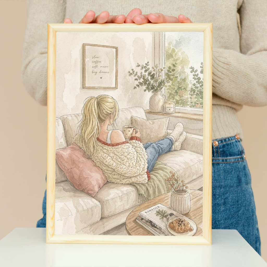 Cozy Girl on Couch Poster | Matte Watercolor Printable Wall Art