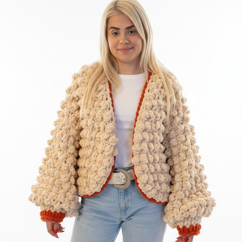 Hand-Knitted Chunky Chenille Cardigan, Popcorn Texture Balloon Sleeve