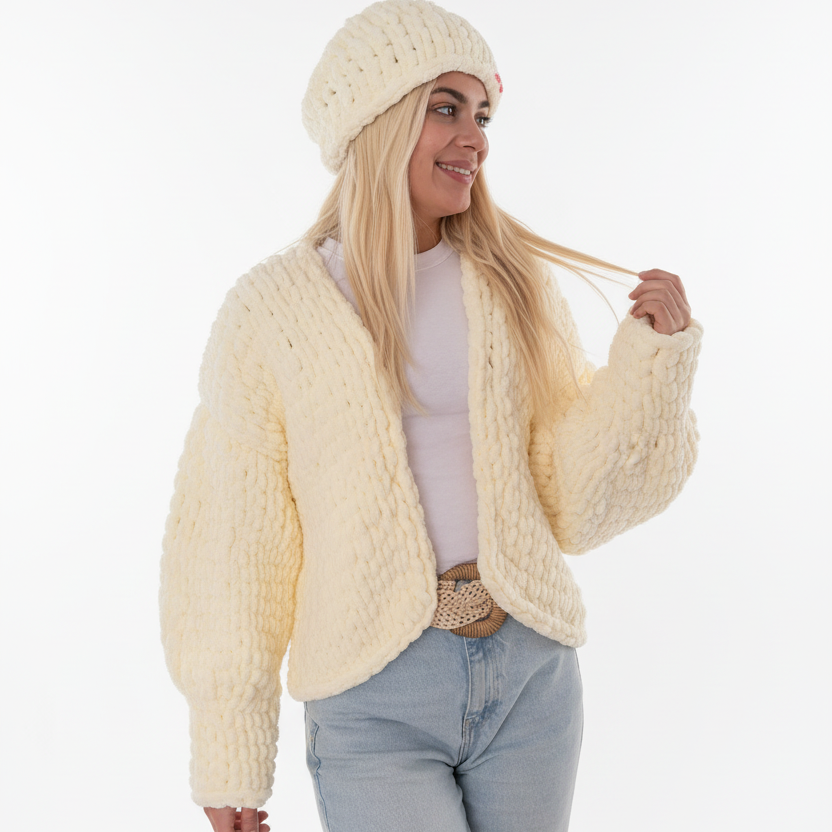 Chunky Chenille Knit Cardigan Beanie Set