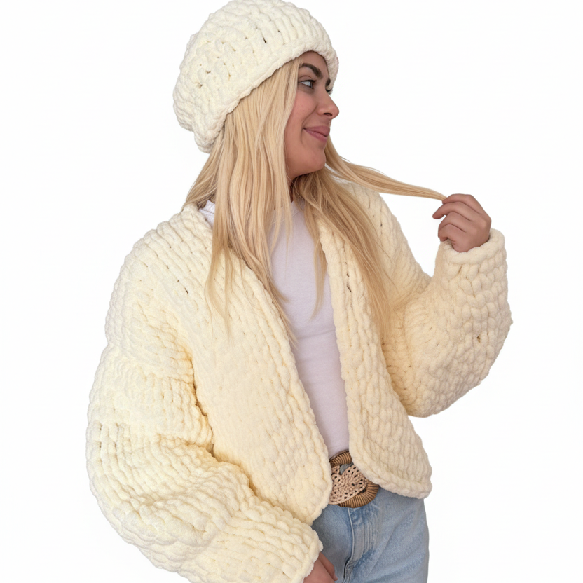 Chunky Chenille Knit Cardigan Beanie Set