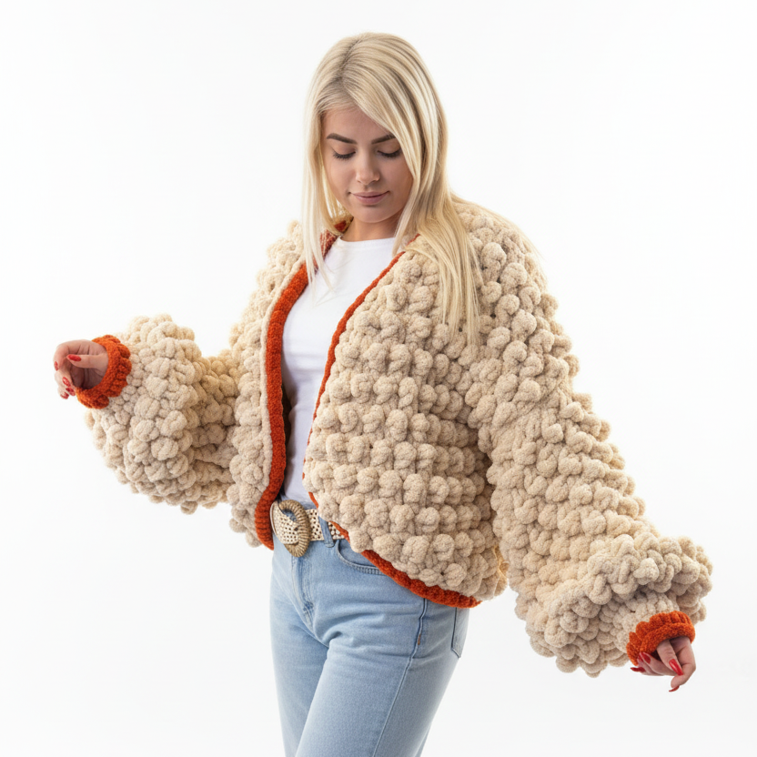 Hand-Knitted Chunky Chenille Cardigan, Popcorn Texture Balloon Sleeve