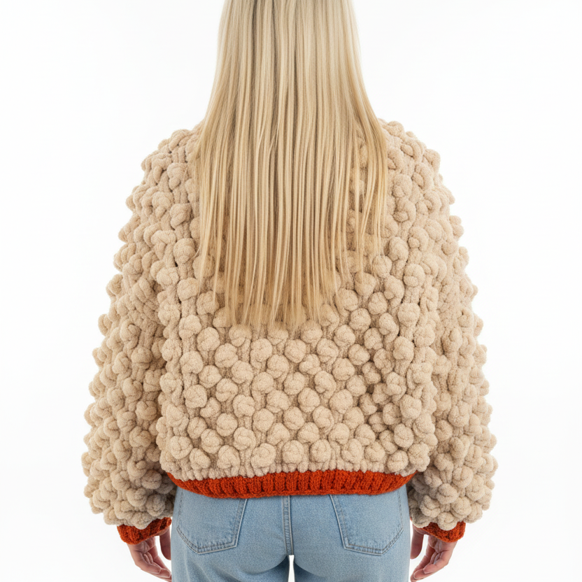 Hand-Knitted Chunky Chenille Cardigan, Popcorn Texture Balloon Sleeve