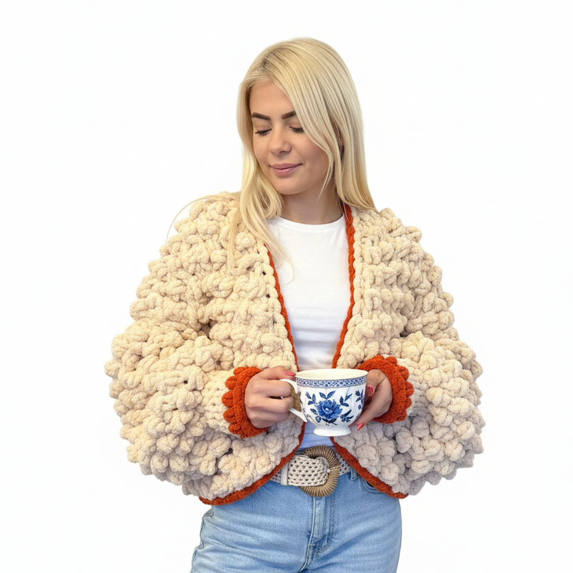 Hand-Knitted Chunky Chenille Cardigan, Popcorn Texture Balloon Sleeve