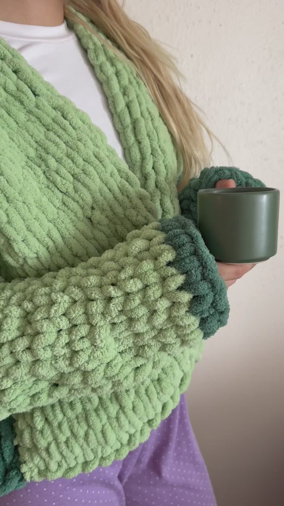 Oversized Chunky Chenille Knit Cardigan | Mint & Dark Green