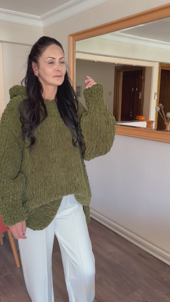 Hand-Knitted Oversized Chunky Chenille Hoodie, Balloon Sleeve