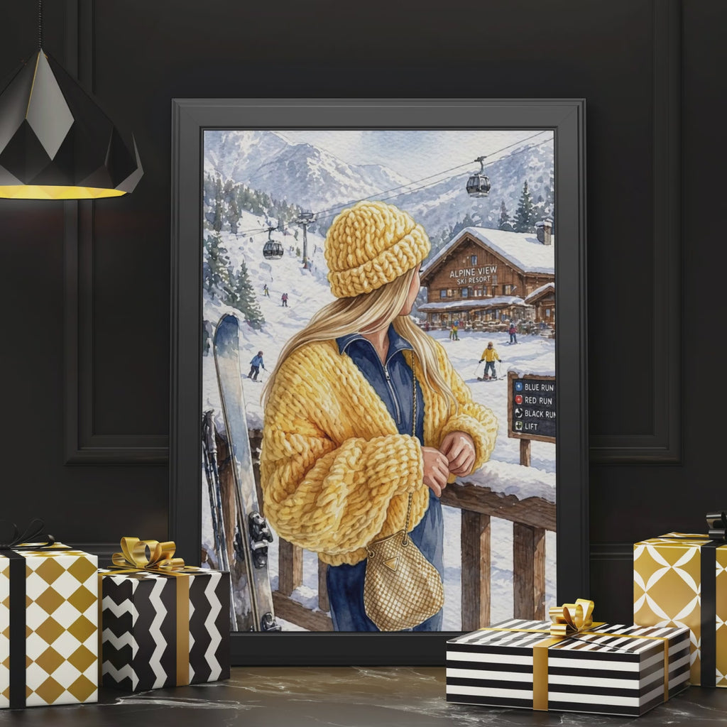 Woman in Yellow Knit Hat Fine Art Poster | Ski Resort Winter Scene