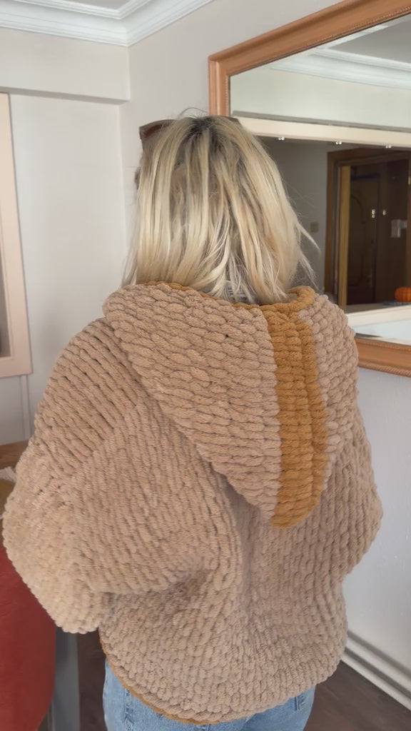 Chunky Knit Hooded Cardigan – Oversized Camel Hand-Knit Jacket with Mustard Stripe