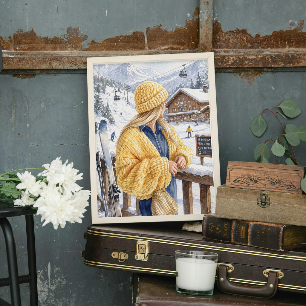 Woman in Yellow Knit Hat Fine Art Poster | Ski Resort Winter Scene