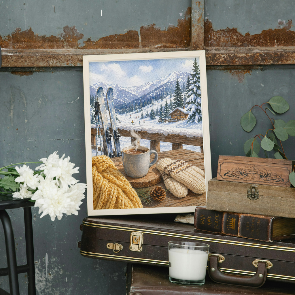 Cozy Winter Cabin Scene Fine Art Poster | Ski Lodge, Hot Cocoa, Snowy Mountains