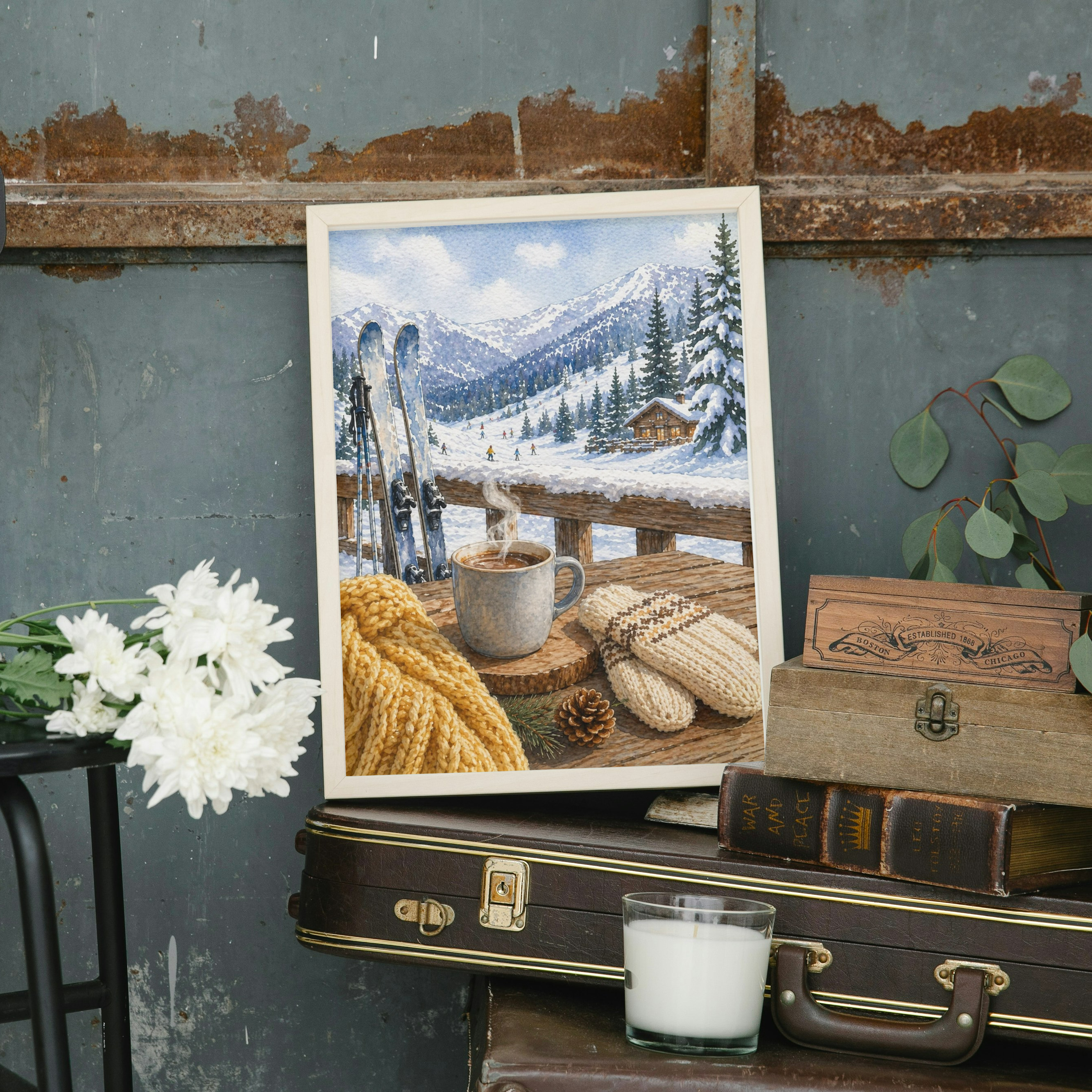 Cozy Winter Cabin Scene Fine Art Poster | Ski Lodge, Hot Cocoa, Snowy Mountains