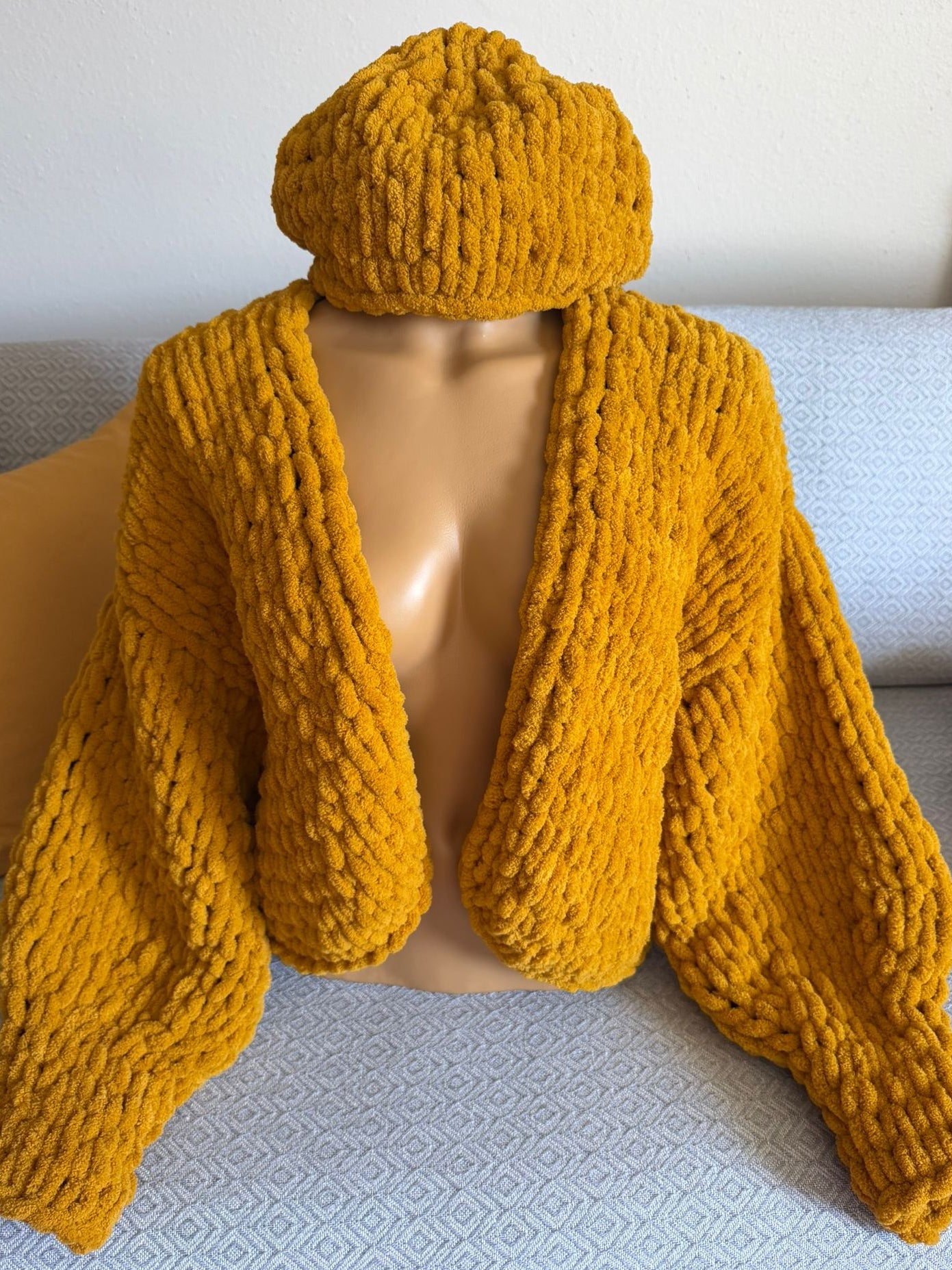 Mustard Chunky Handmade Cardigan & Beanie Set