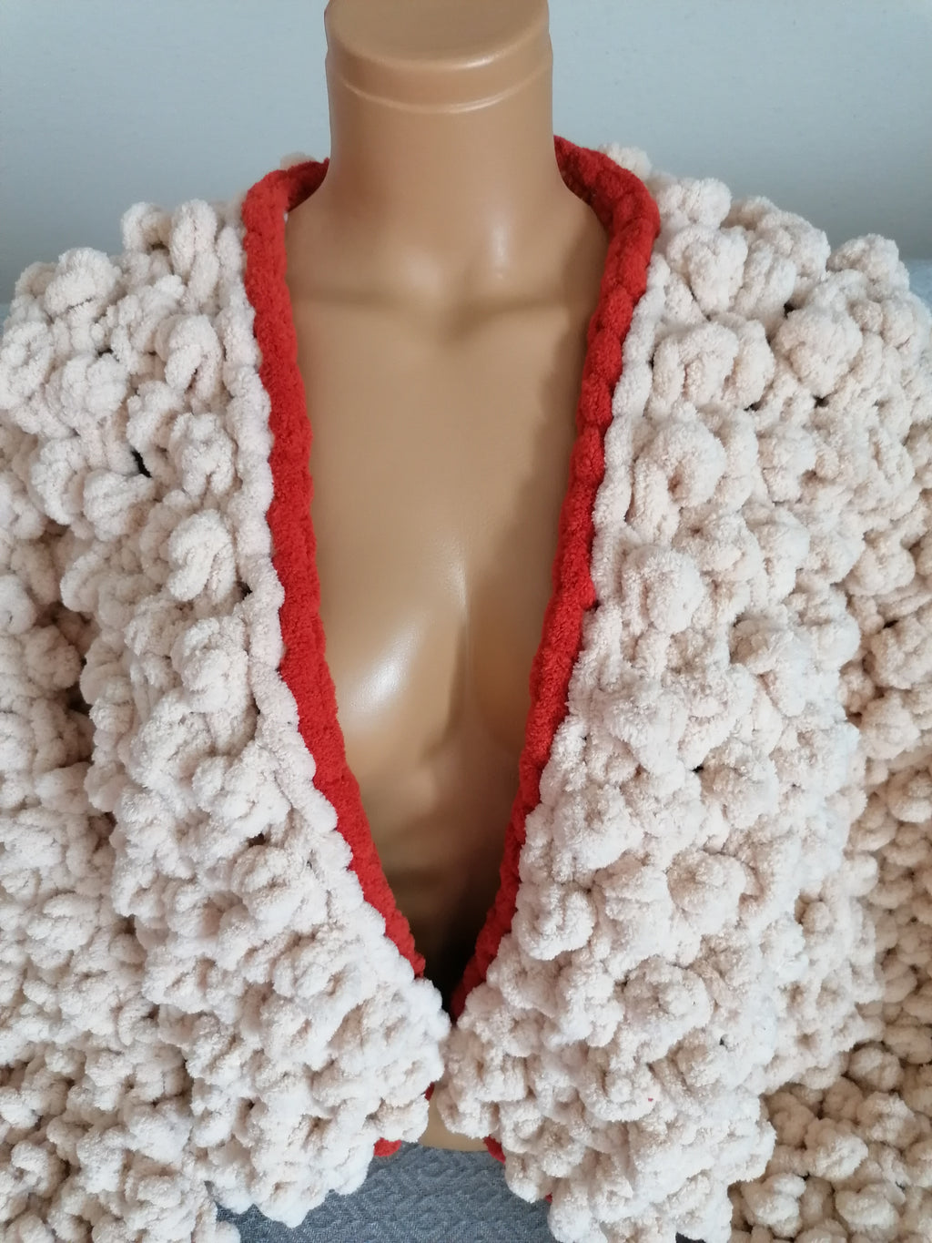 Hand-Knitted Chunky Chenille Cardigan, Popcorn Texture Balloon Sleeve