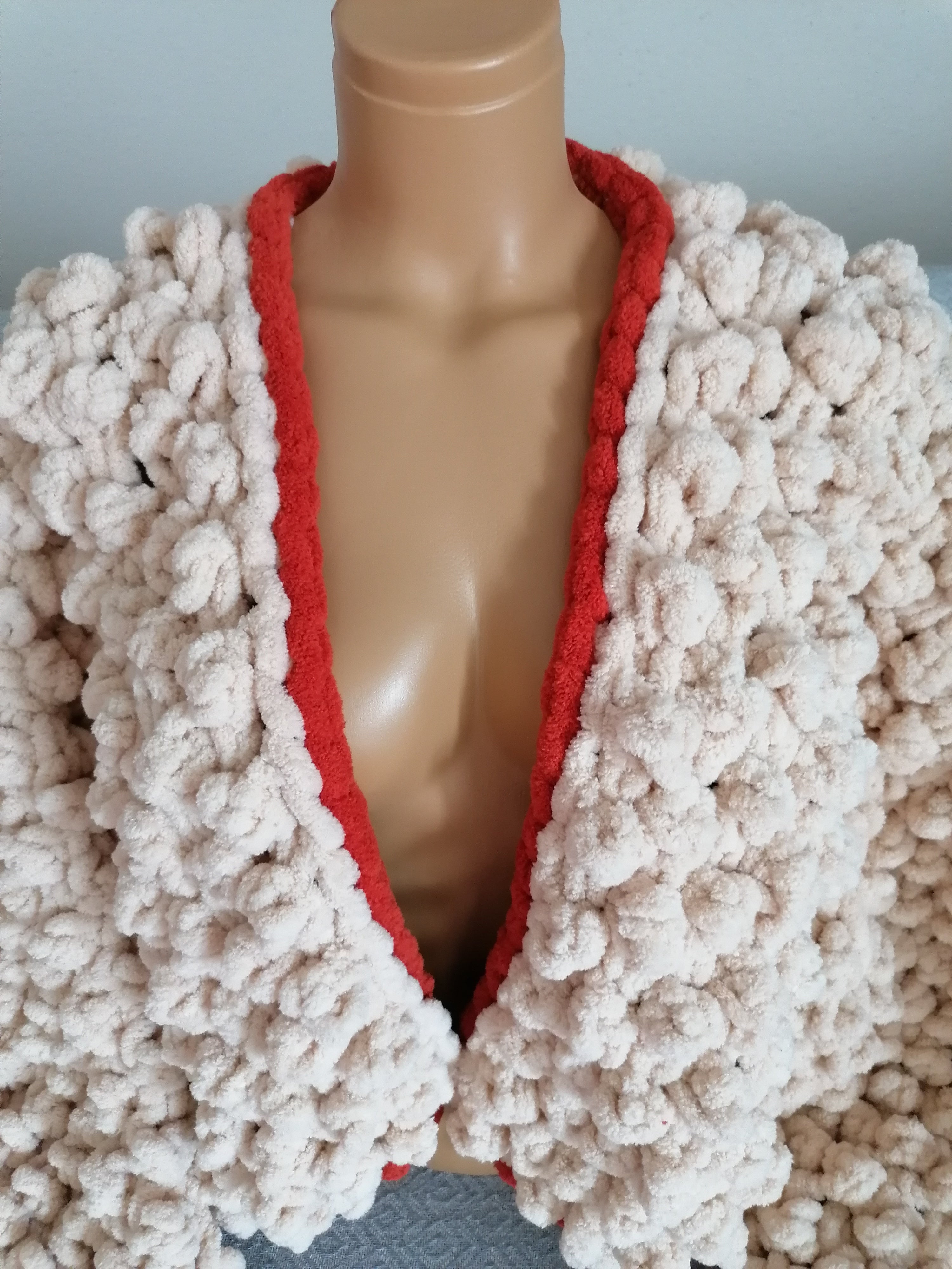 Hand-Knitted Chunky Chenille Cardigan, Popcorn Texture Balloon Sleeve