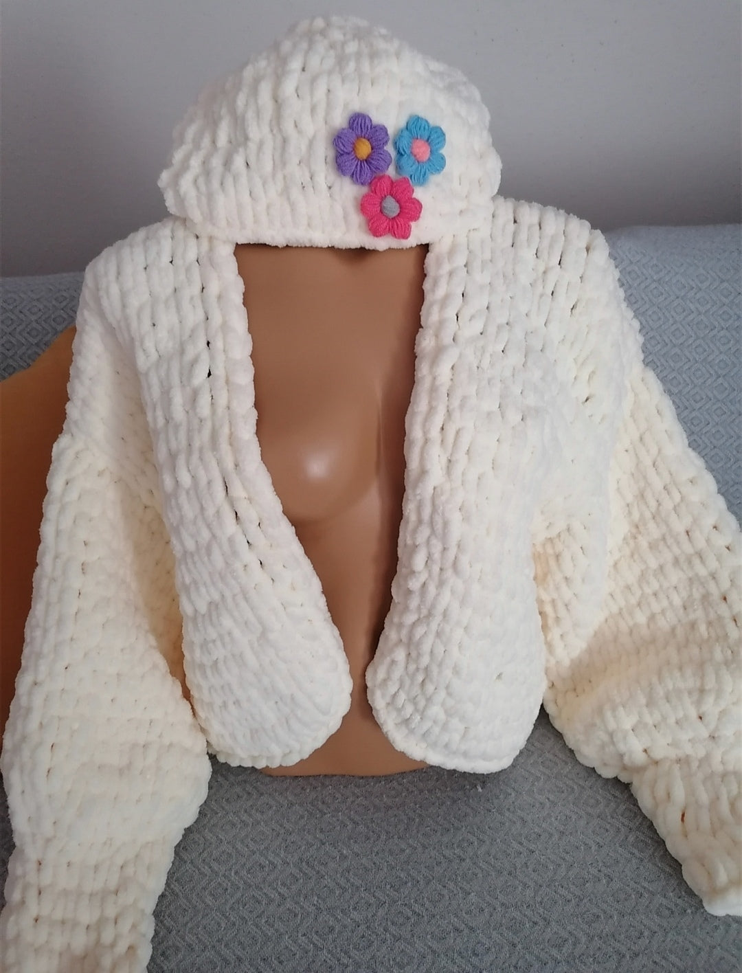 Chunky Chenille Knit Cardigan Beanie Set