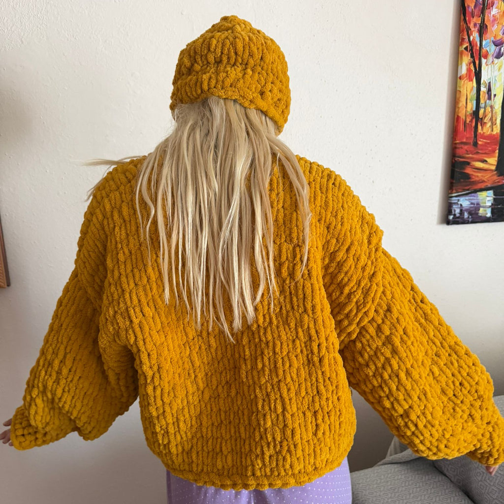 Mustard Chunky Handmade Cardigan & Beanie Set