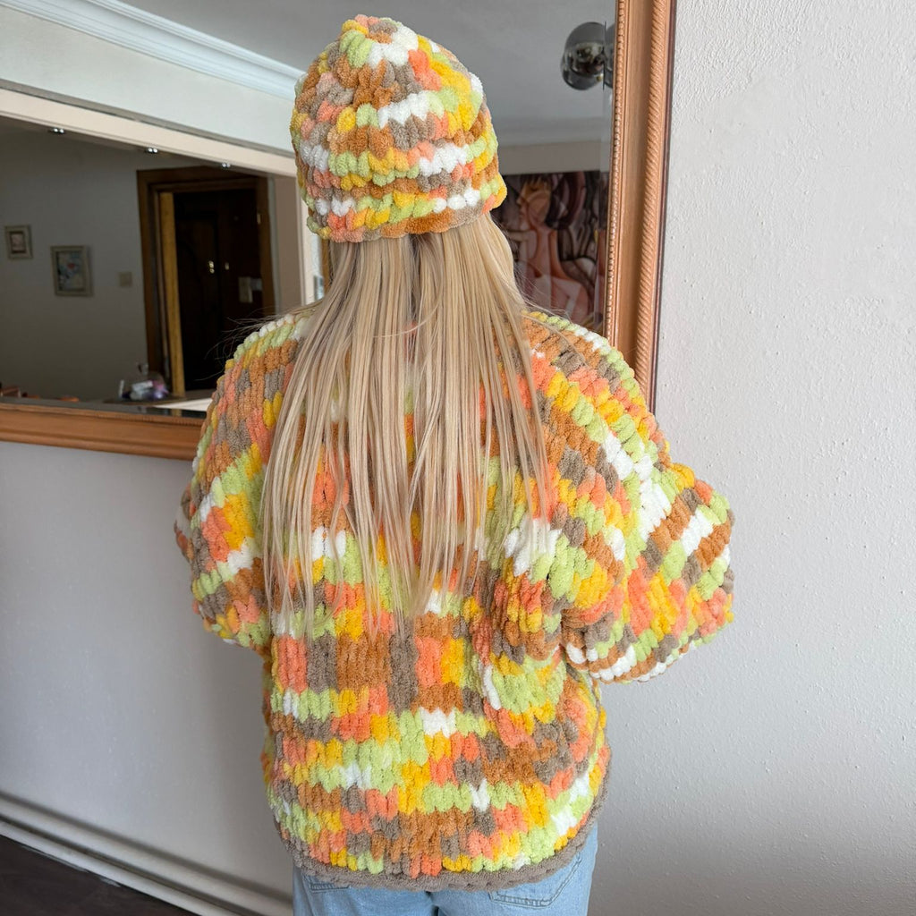Bohemian Chunky Chenille Knit Cardigan & Beanie Set