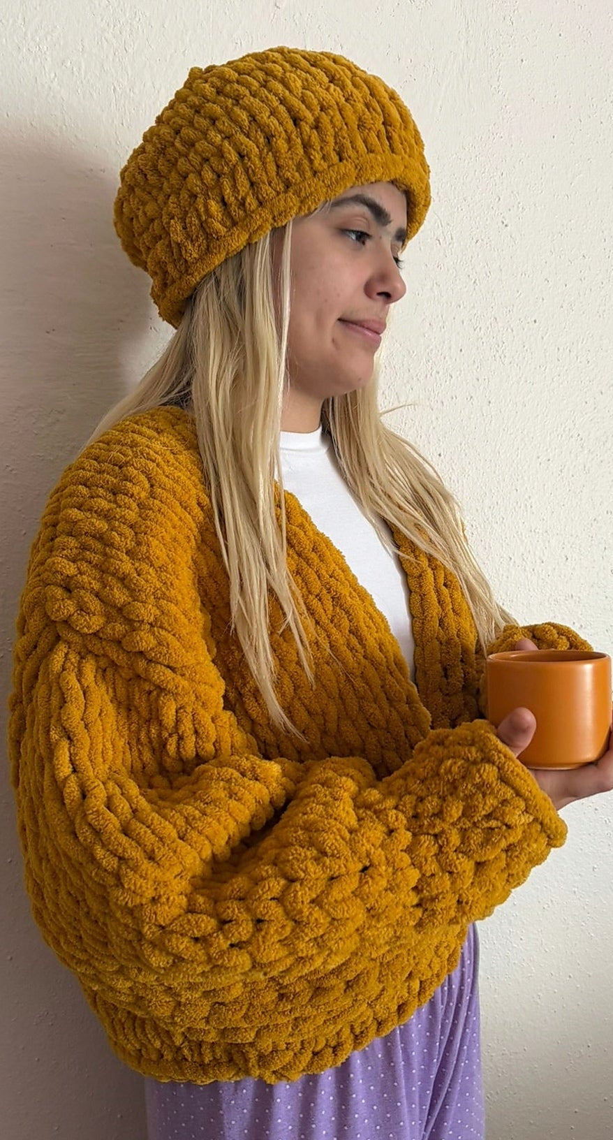 Mustard Chunky Handmade Cardigan & Beanie Set