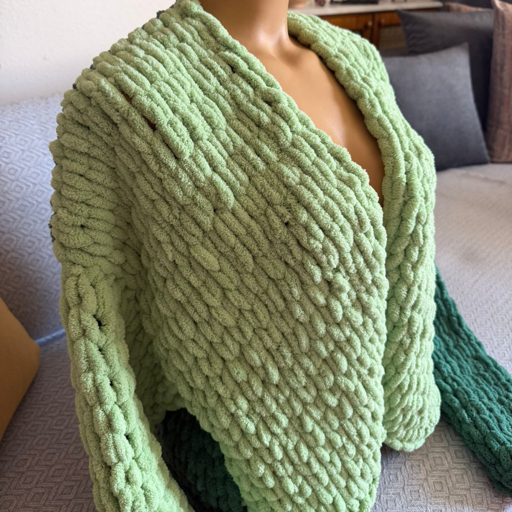 Oversized Chunky Chenille Knit Cardigan | Mint & Dark Green