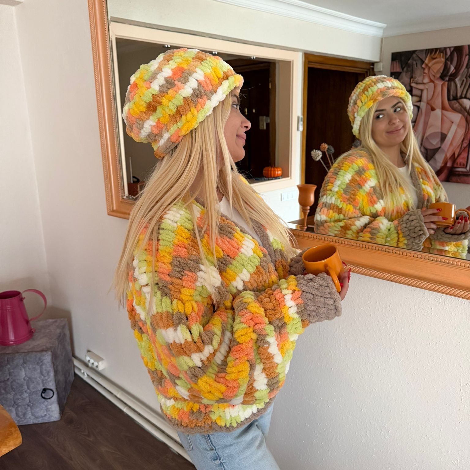 Bohemian Chunky Chenille Knit Cardigan & Beanie Set