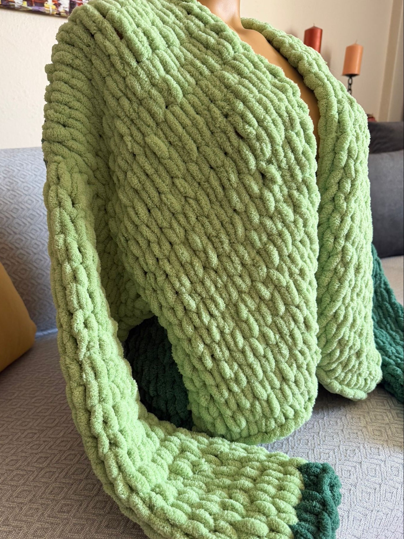 Oversized Chunky Chenille Knit Cardigan | Mint & Dark Green