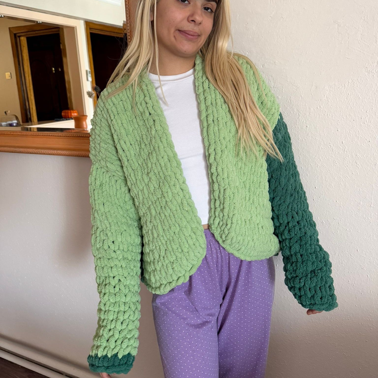 Oversized Chunky Chenille Knit Cardigan | Mint & Dark Green